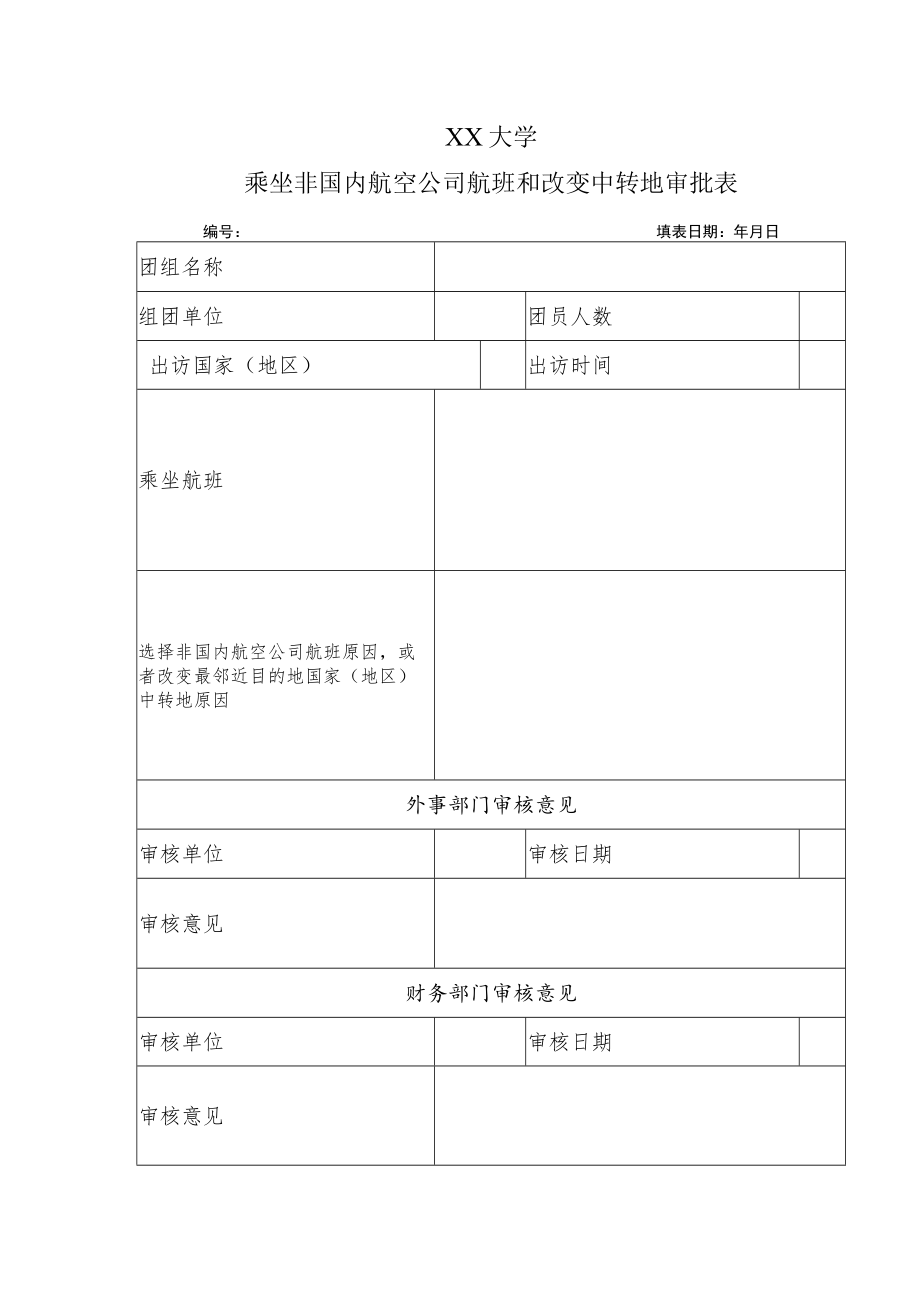 XX大学乘坐非国内航空公司航班和改变中转地审批表.docx_第1页