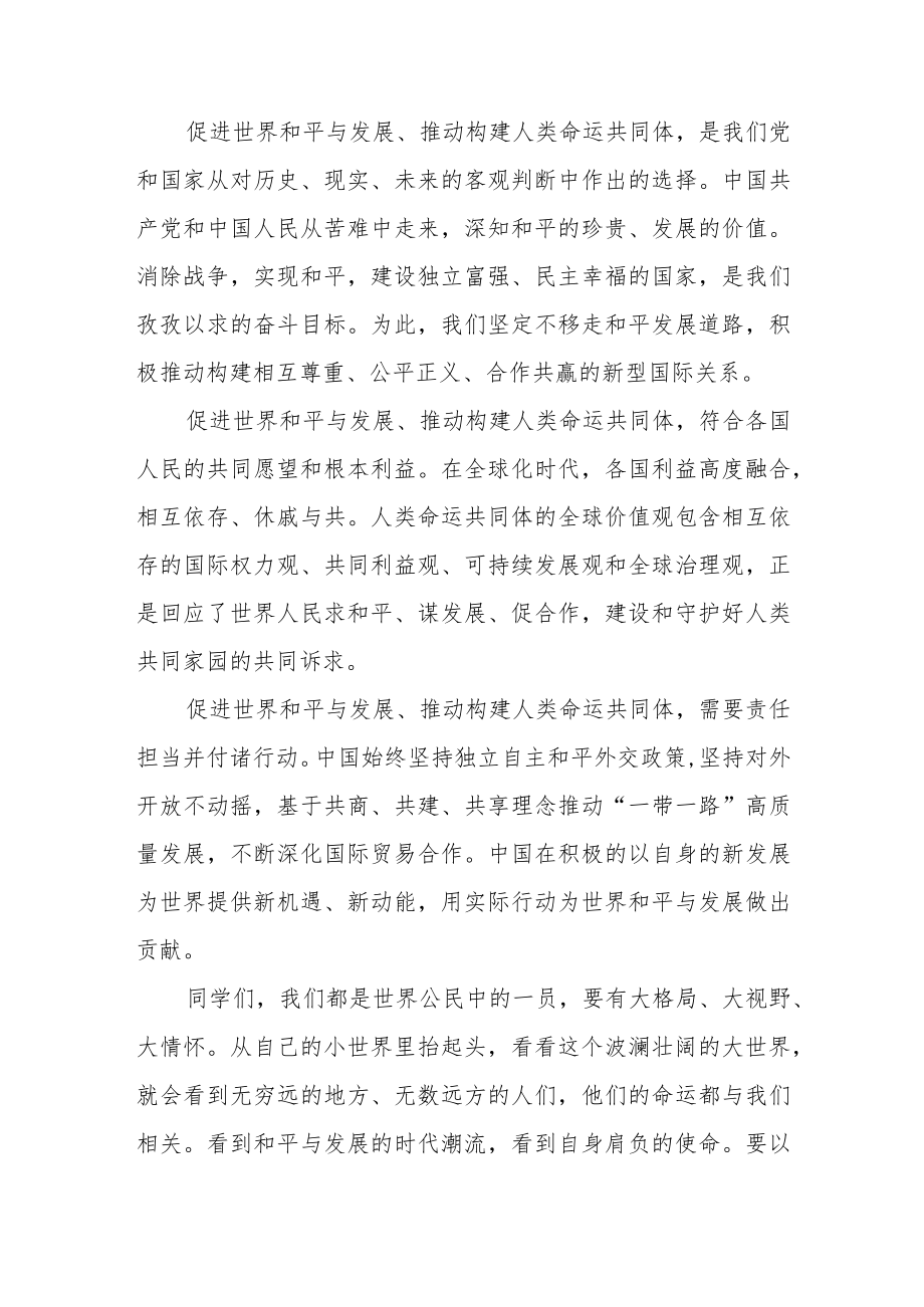 校长思政第一课讲话稿《促进世界和平与发展推动构建人类命运共同体》.docx_第2页