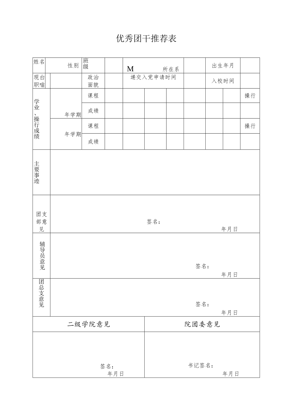 优秀团干推荐表.docx_第1页