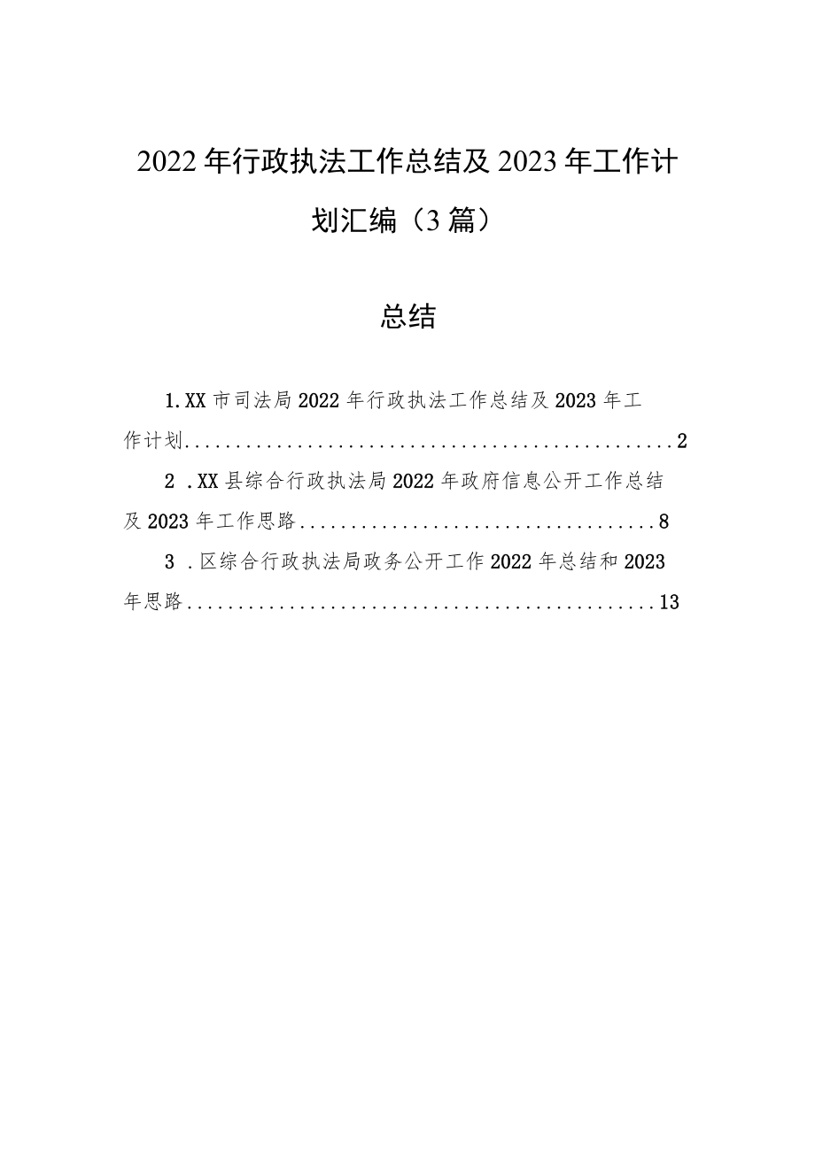 2022年行政执法工作总结及2023年工作计划汇编（3篇）.docx_第1页