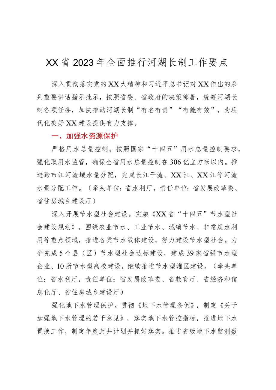 XX省2023年全面推行河湖长制工作要点.docx_第1页