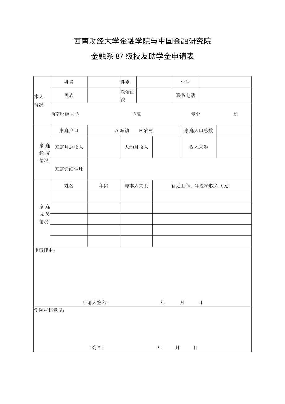 西南财经大学金融学院与中国金融研究院金融系87级校友助学金申请表.docx_第1页