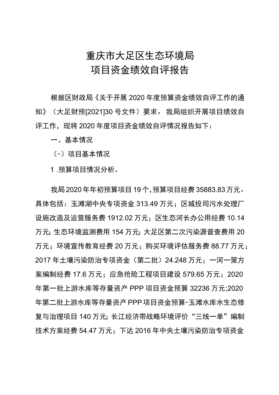 重庆市大足区生态环境局项目资金绩效自评报告.docx_第1页