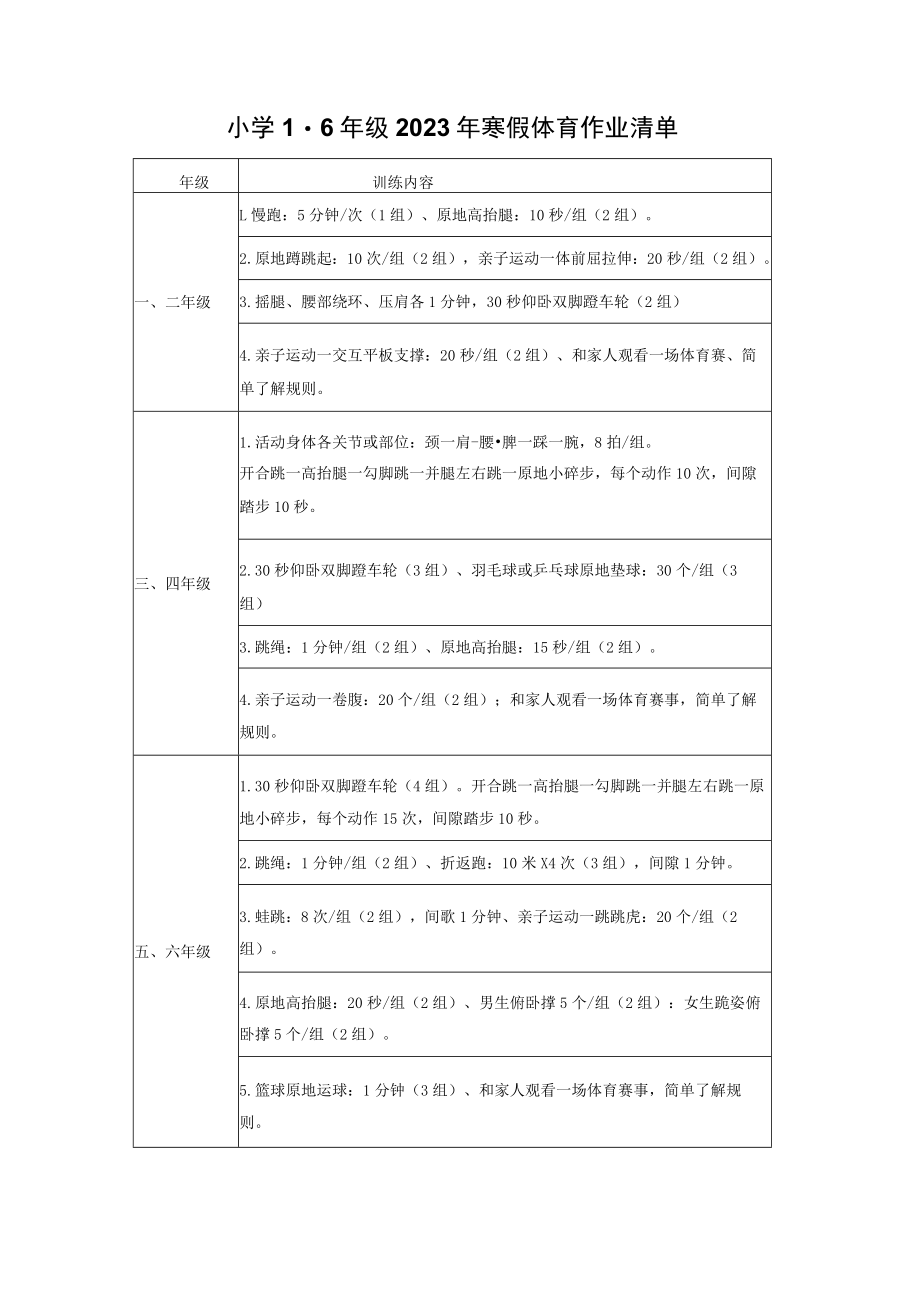 小学1-6年级2023年寒假体育作业清单.docx_第1页