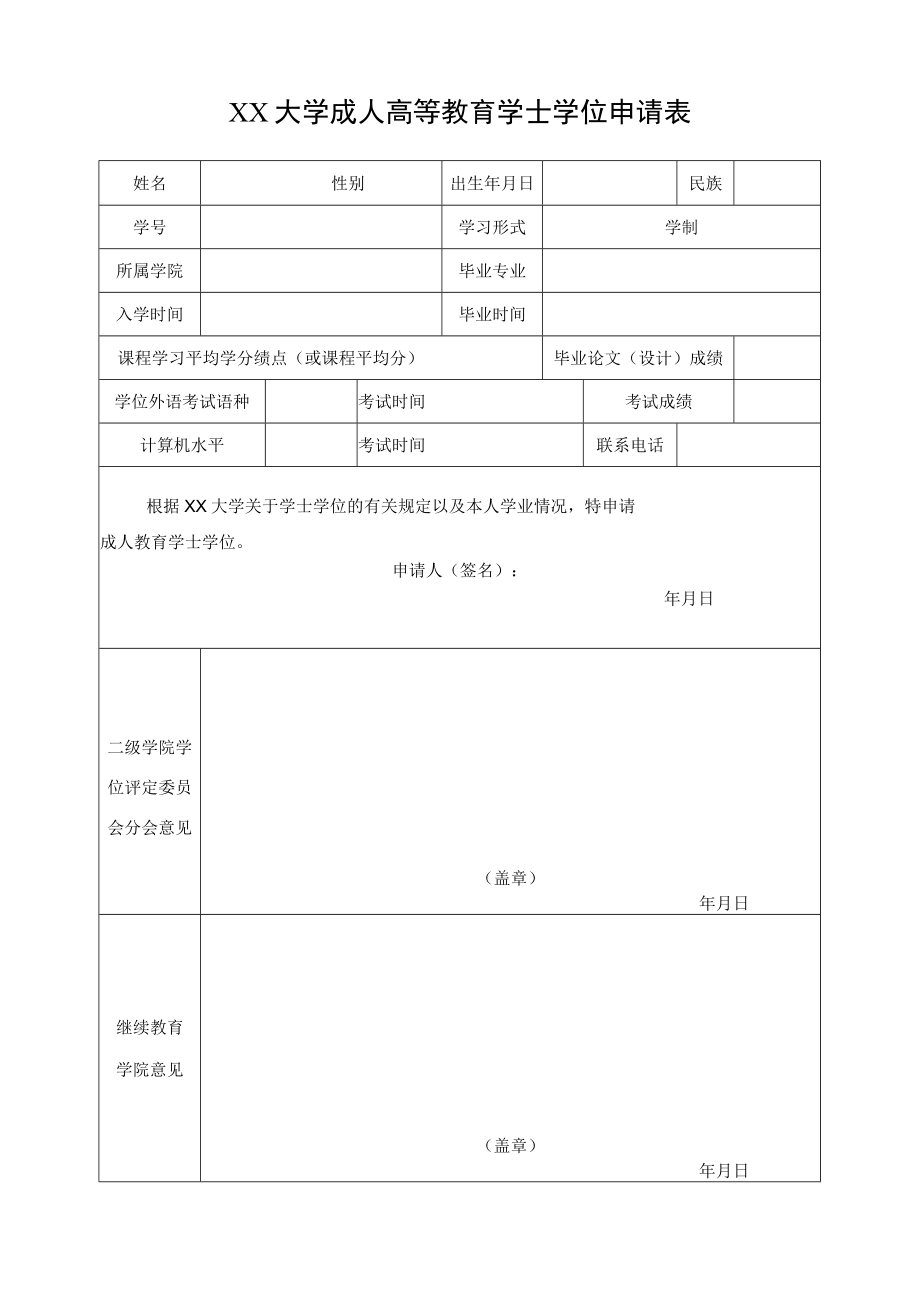 XX大学成人高等教育学士学位申请表.docx_第1页