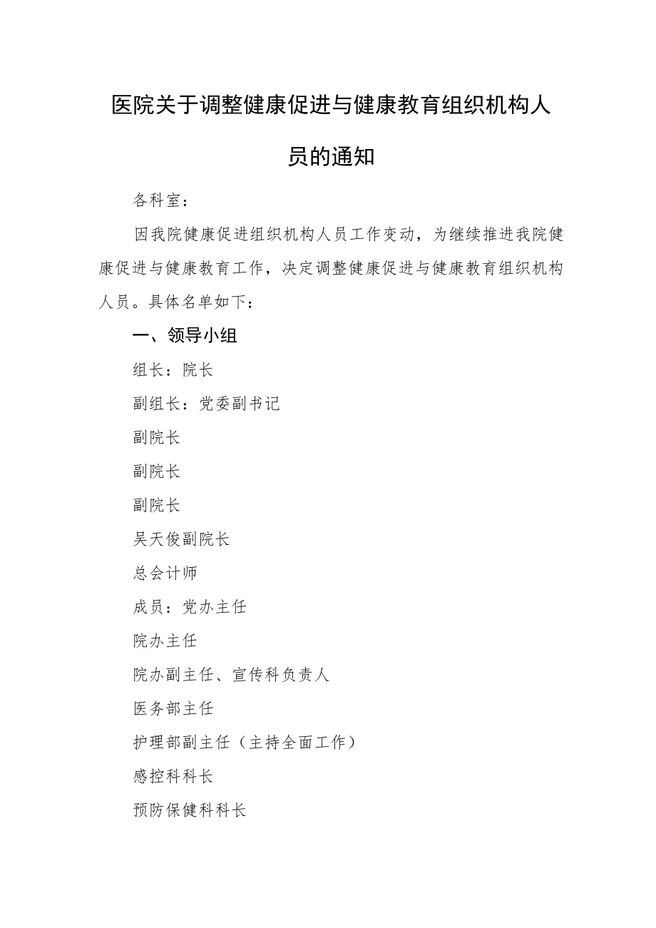 医院关于调整健康促进与健康教育组织机构人员的通知.docx_第1页