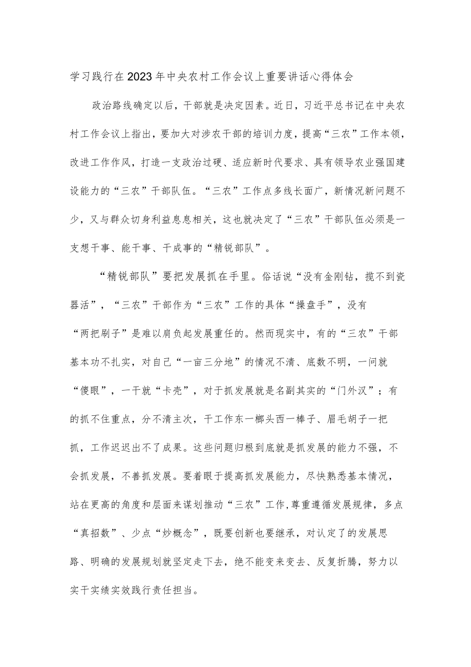 学习践行在2023年中央农村工作会议上重要讲话心得体会.docx_第1页