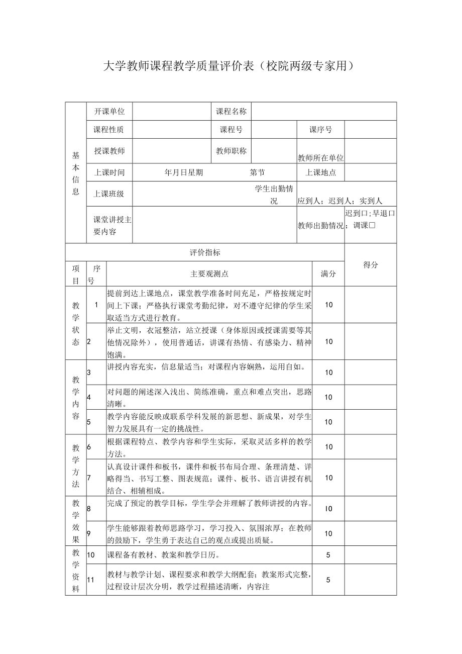 大学教师课程教学质量评价表（校院两级专家用）.docx_第1页