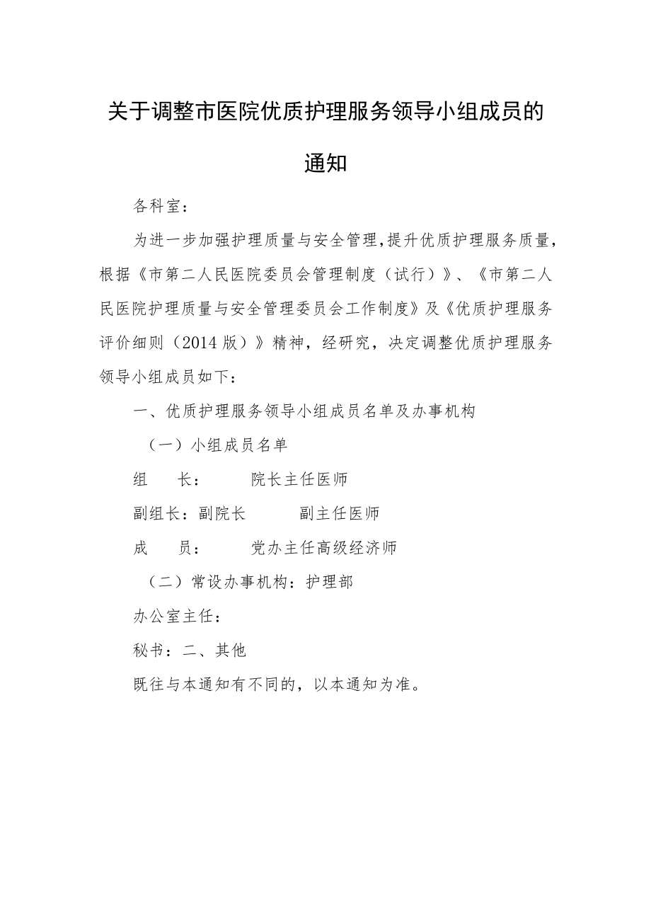 关于调整市医院优质护理服务领导小组成员的通知.docx_第1页