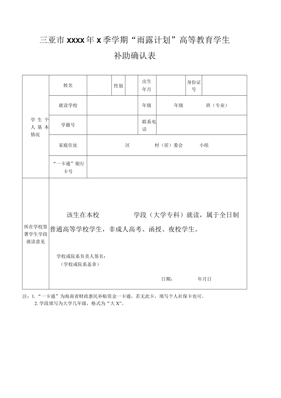 三亚市XXXX年X季学期“雨露计划”高等教育学生补助确认表.docx_第1页