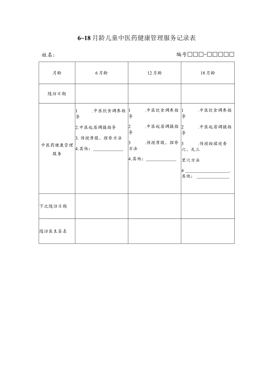 6～18月龄儿童中医药健康管理服务记录表.docx_第1页