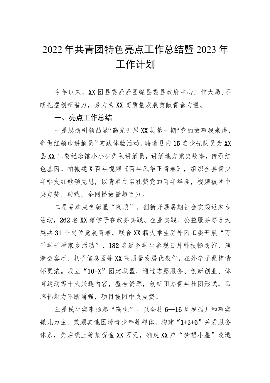 2022年共青团特色亮点工作总结暨2023年工作计划.docx_第1页