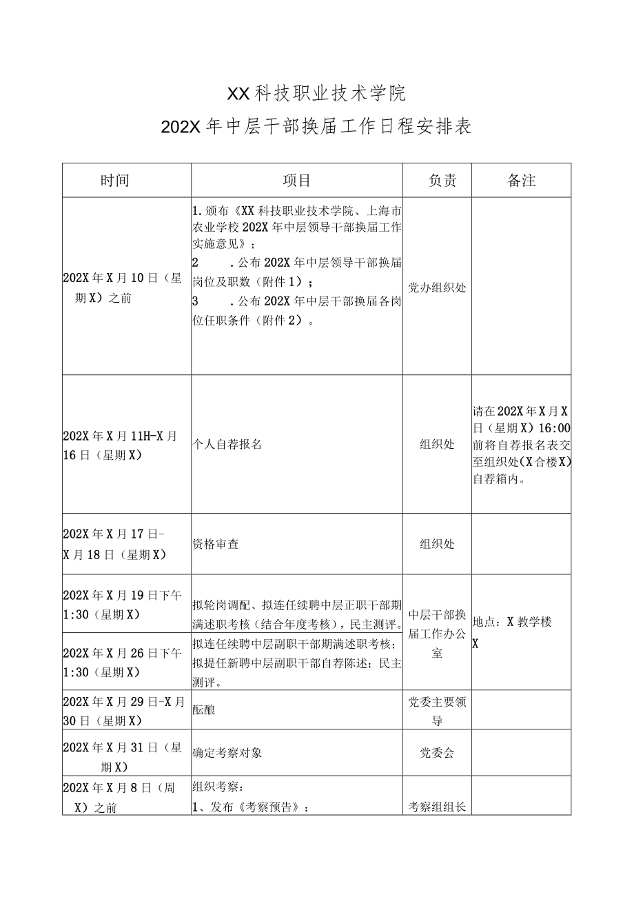 XX科技职业技术学院202X年中层干部换届工作日程安排表.docx_第1页