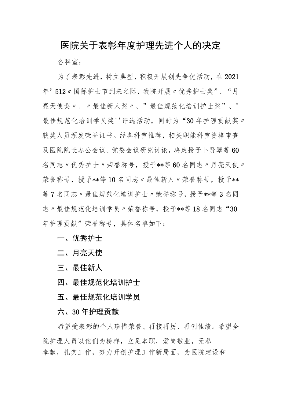 医院关于表彰年度护理先进个人的决定.docx_第1页