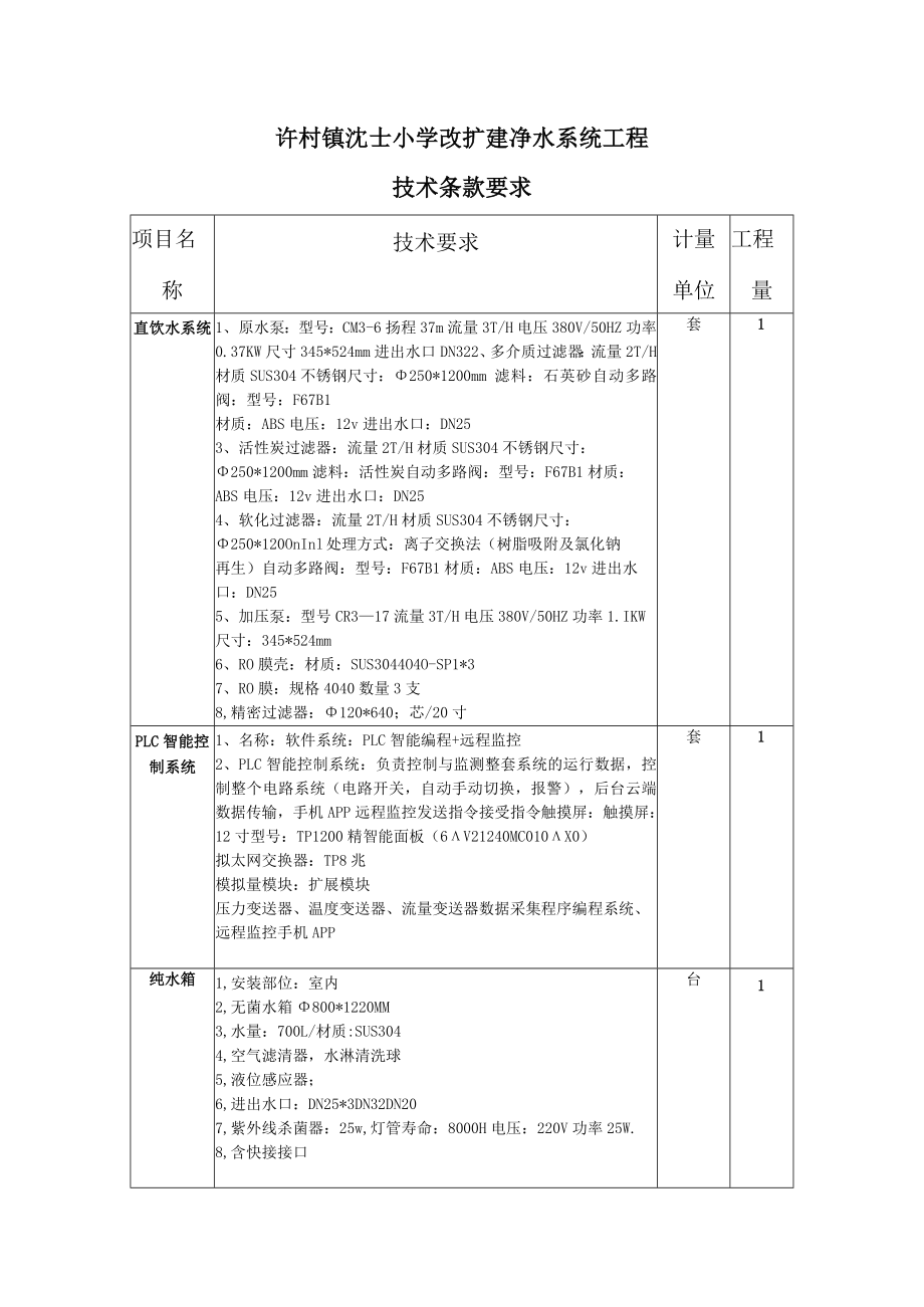 许村镇沈士小学改扩建净水系统工程技术条款要求.docx_第1页