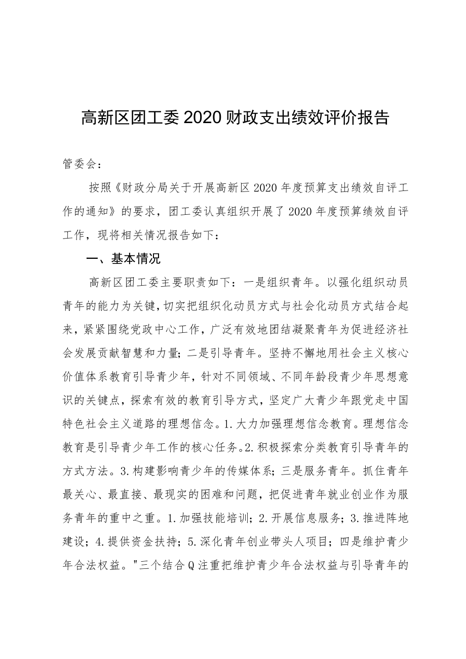 高新区团工委2020财政支出绩效评价报告.docx_第1页