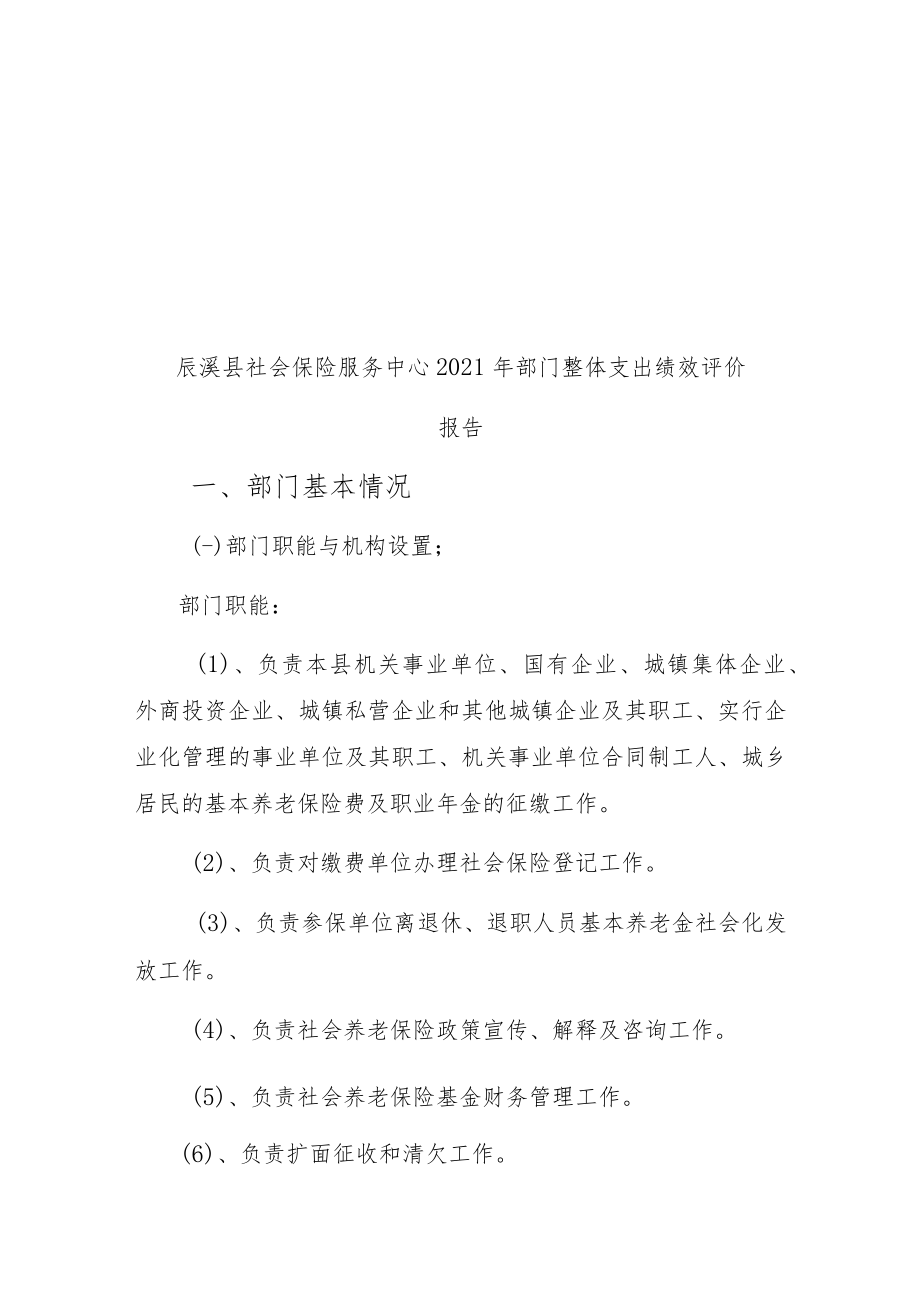 辰溪县社会保险服务中心2021年部门整体支出绩效评价报告部门基本情况.docx_第1页