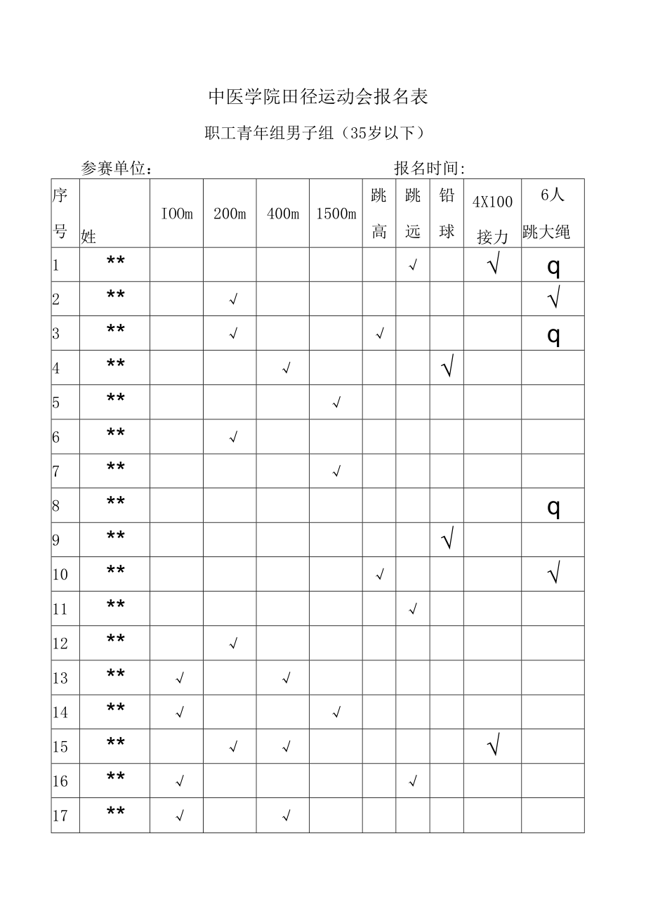 中医学院田径运动会报名表.docx_第1页