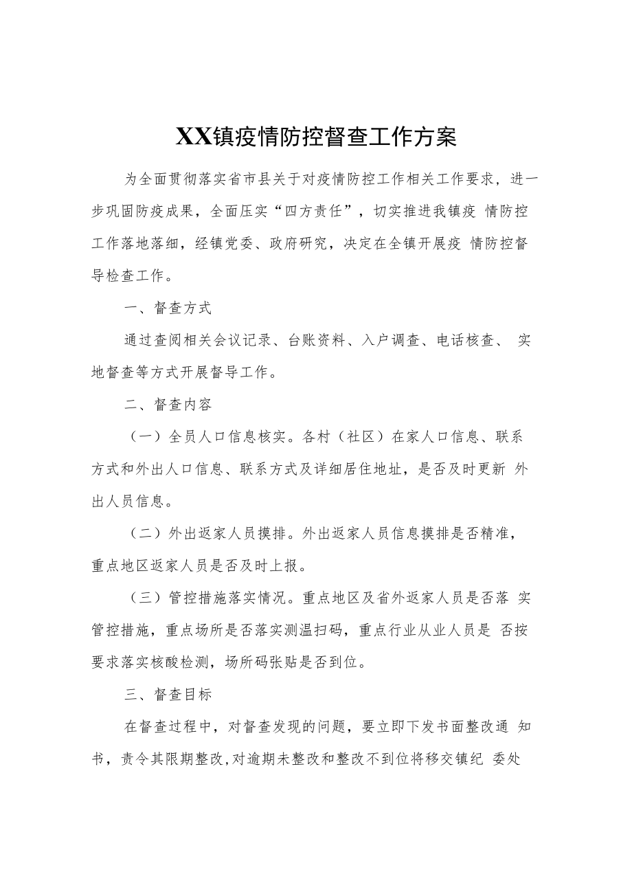 XX镇疫情防控督查工作方案.docx_第1页