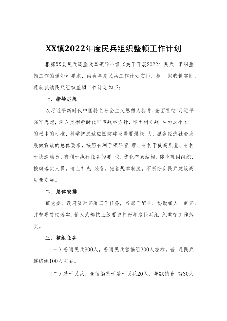 XX镇2022年度民兵组织整顿工作计划.docx_第1页