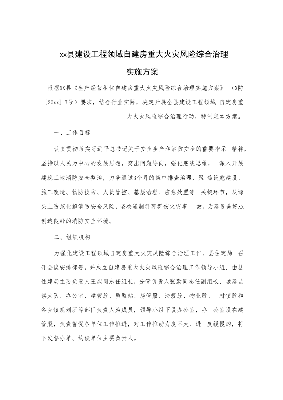 xx县建设工程领域自建房重大火灾风险综合治理实施方案.docx_第1页