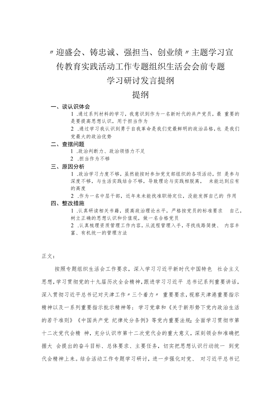 “迎盛会、铸忠诚、强担当、创业绩”主题学习宣传教育实践活动工作专题组织生活会会前专题学习研讨发言提纲.docx_第1页