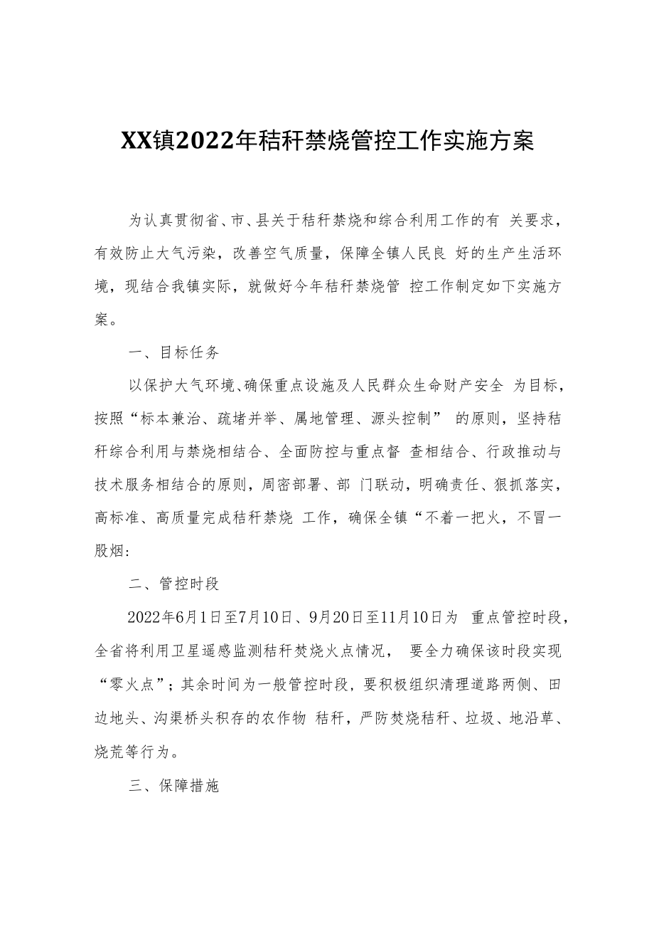 XX镇2022年秸秆禁烧管控工作实施方案.docx_第1页