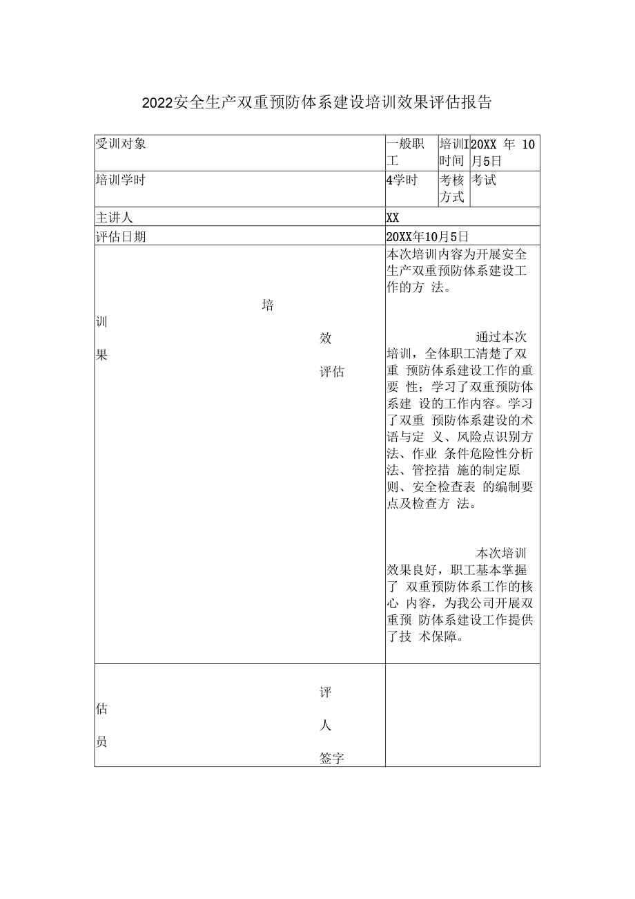 2022安全生产双重预防体系建设培训效果评估报告.docx_第1页