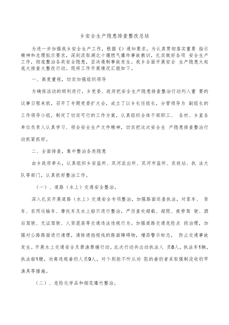 乡安全生产隐患排查整改总结.docx_第1页