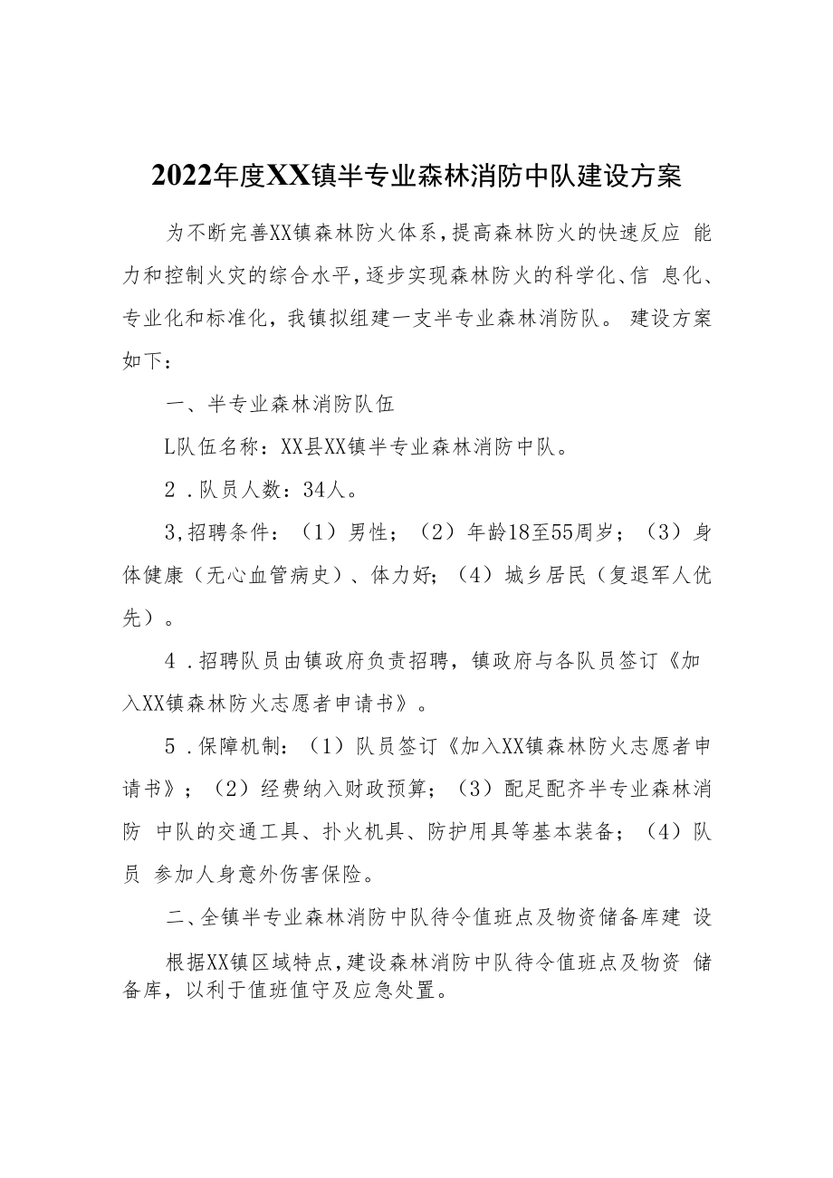 2022年度XX镇半专业森林消防中队建设方案.docx_第1页