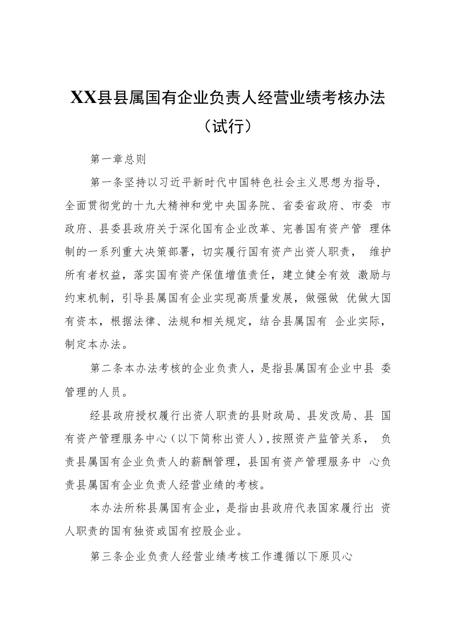 XX县县属国有企业负责人经营业绩考核办法（试行）.docx_第1页