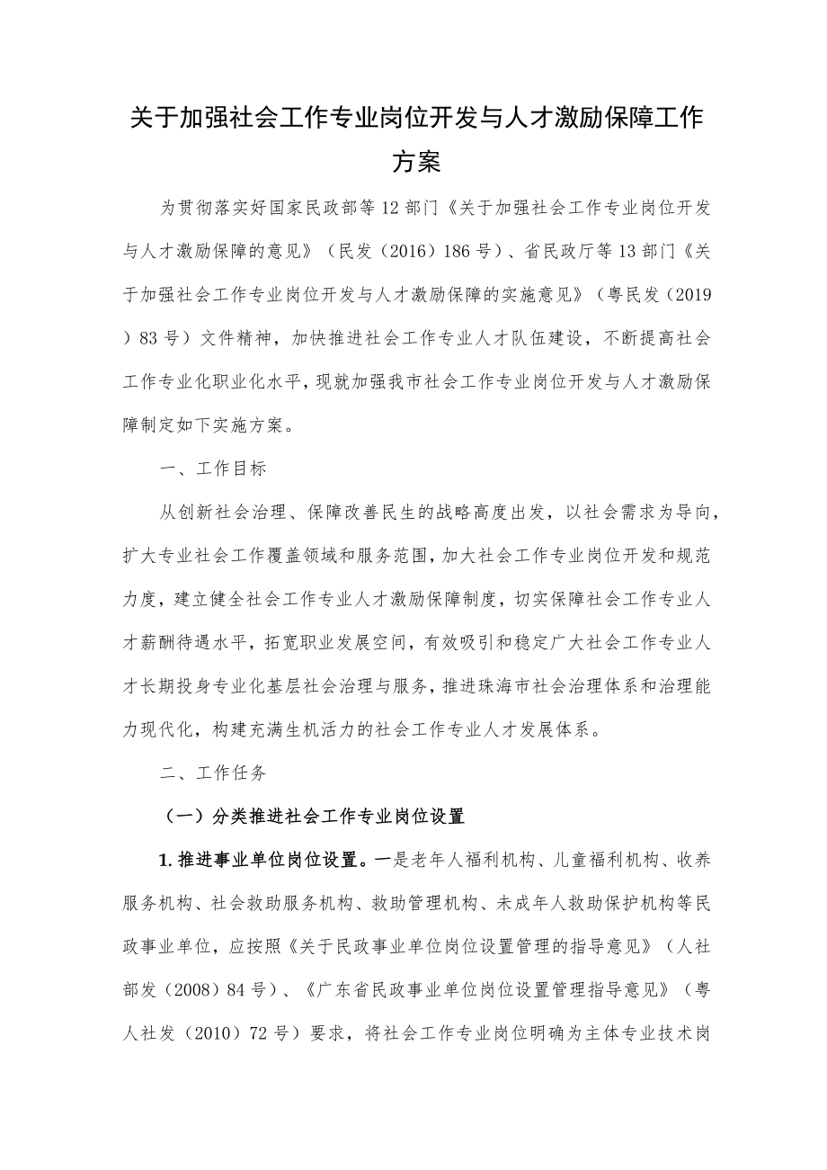 关于加强社会工作专业岗位开发与人才激励保障工作方案.docx_第1页