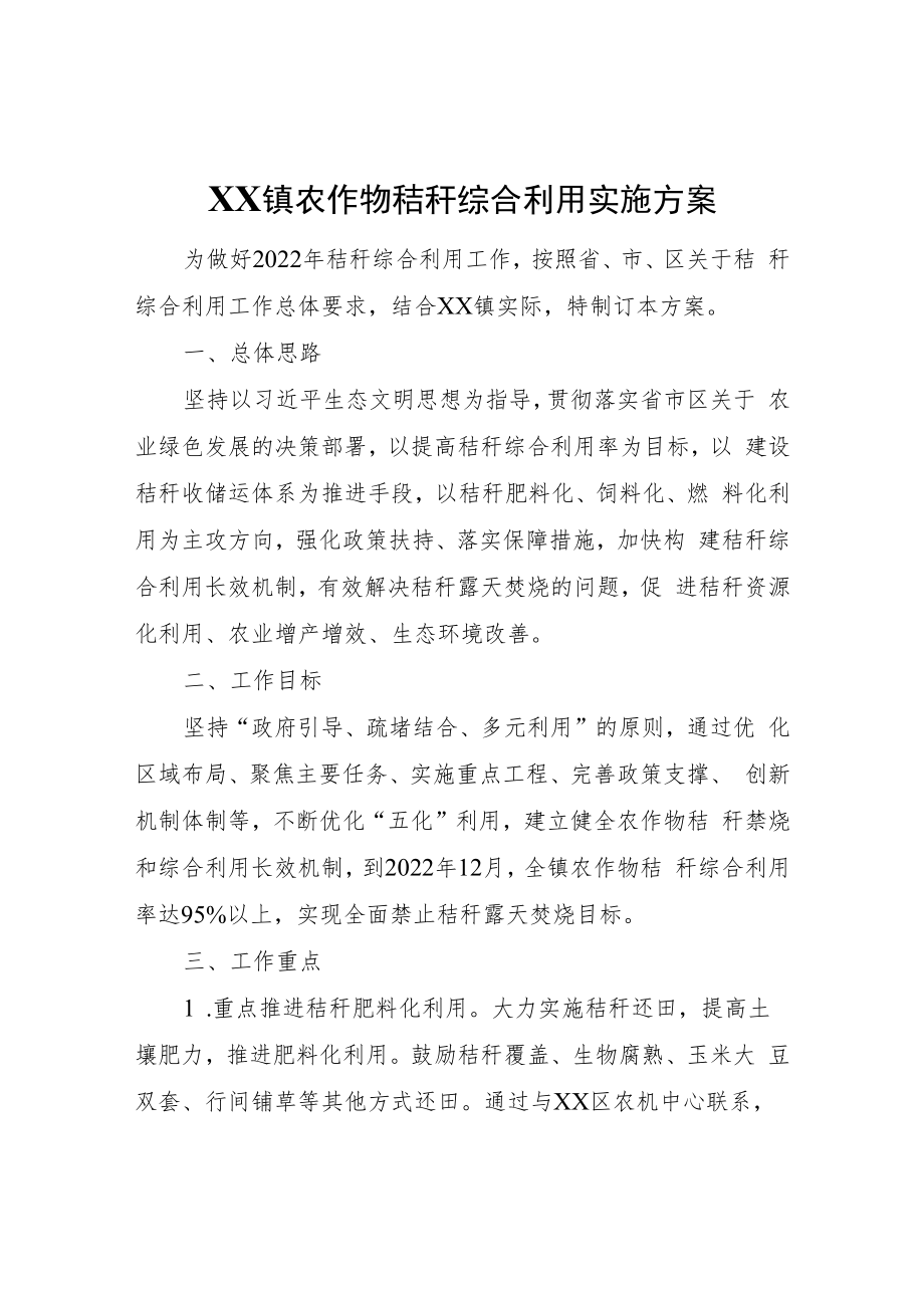 XX镇农作物秸秆综合利用实施方案.docx_第1页