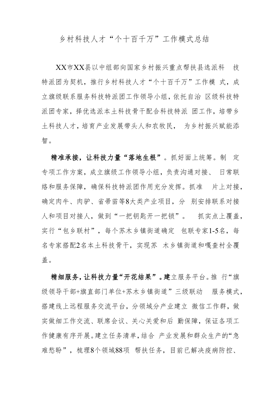 乡村科技人才“个十百千万”工作模式总结.docx_第1页