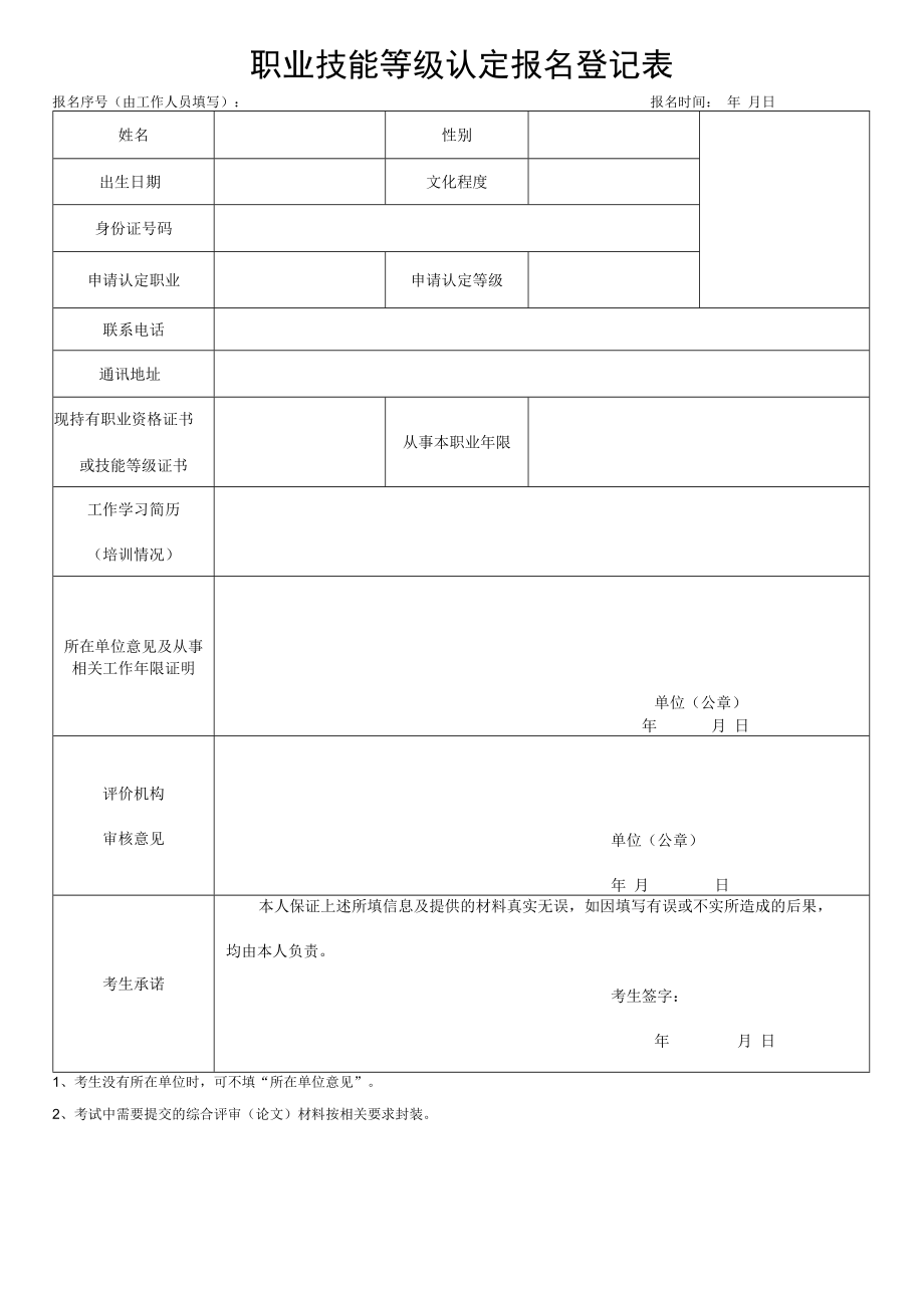 2022《职业技能等级认定报名登记表》模板.docx_第1页