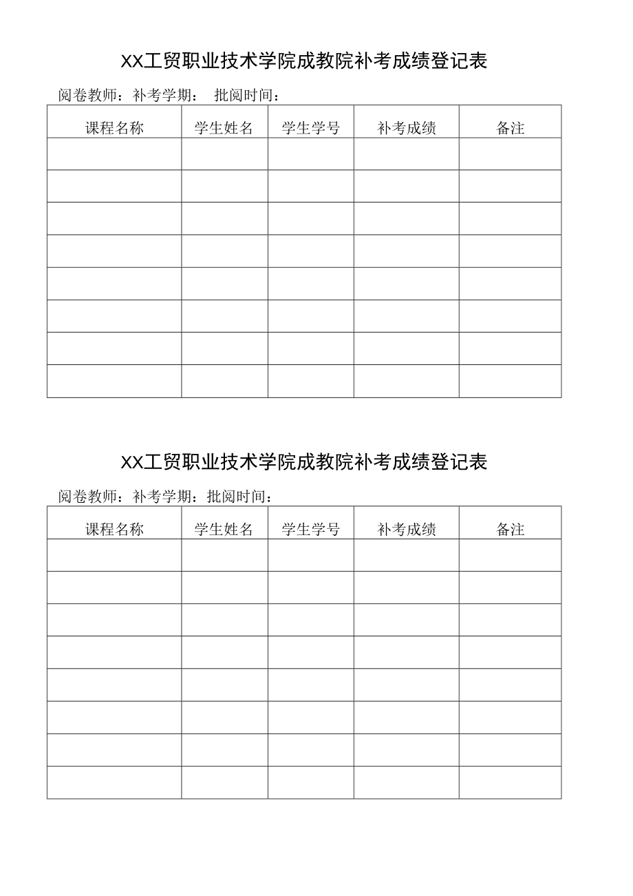 XX工贸职业技术学院成教院补考成绩登记表.docx_第1页