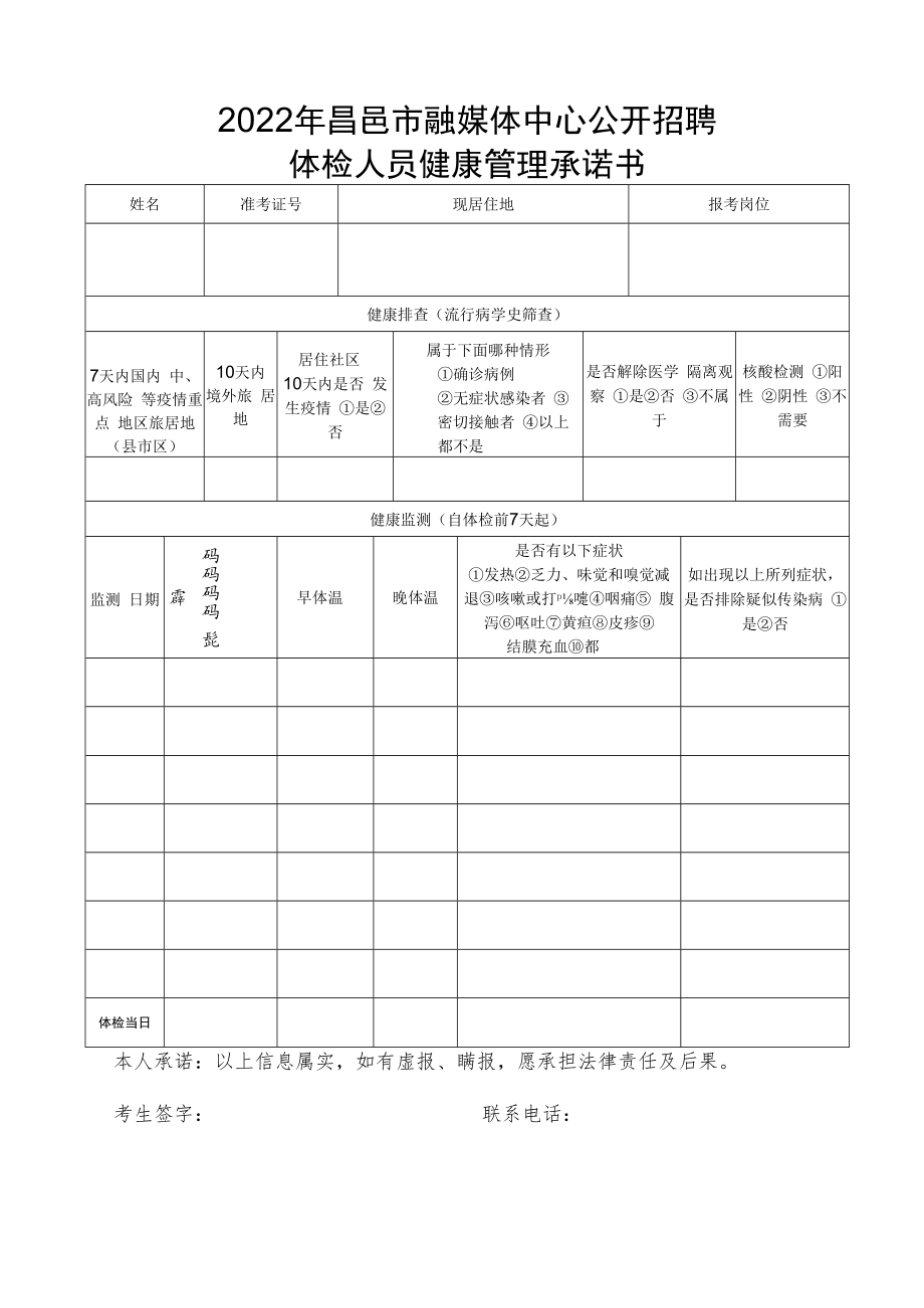 2022年昌邑市融媒体中心公开招聘体检人员健康管理承诺书.docx_第1页