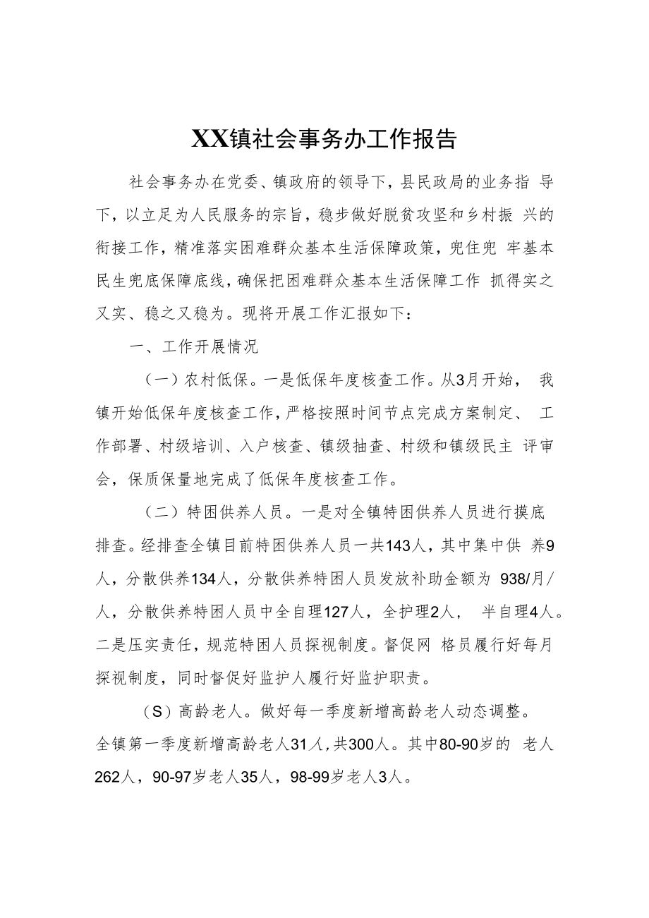 XX镇社会事务办工作报告.docx_第1页