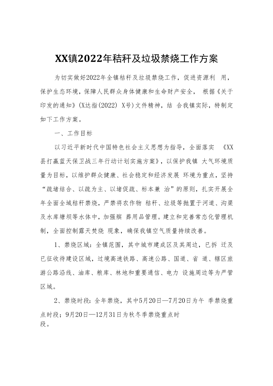 XX镇2022年秸秆及垃圾禁烧工作方案.docx_第1页