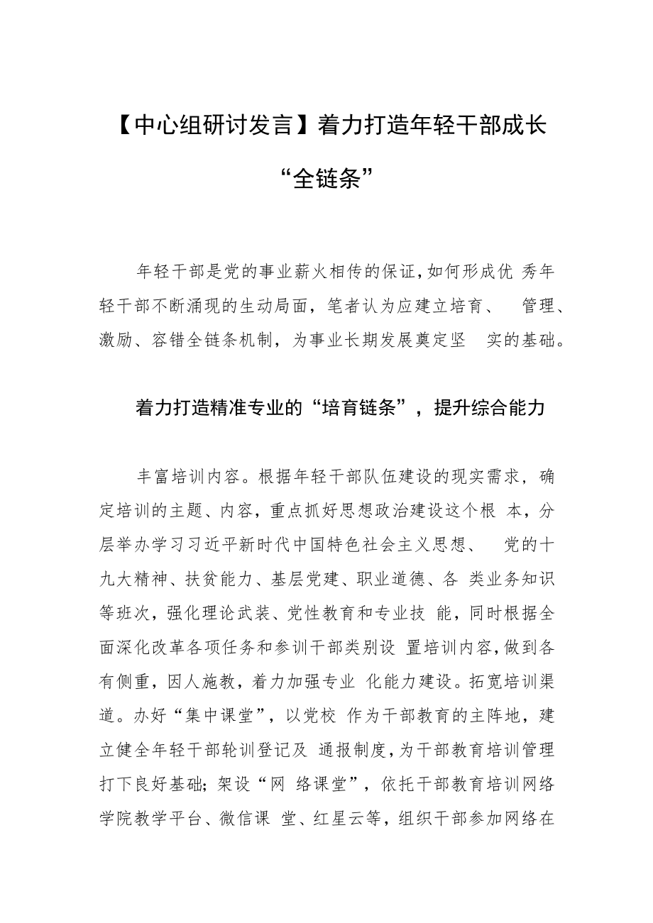 【中心组研讨发言】着力打造年轻干部成长“全链条”.docx_第1页