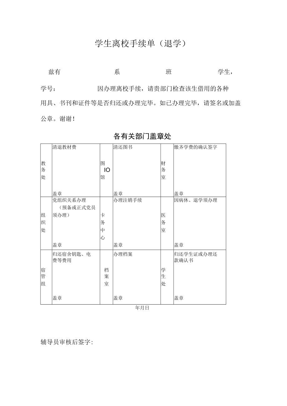 XX科技职业技术学院学生离校手续单.docx_第1页