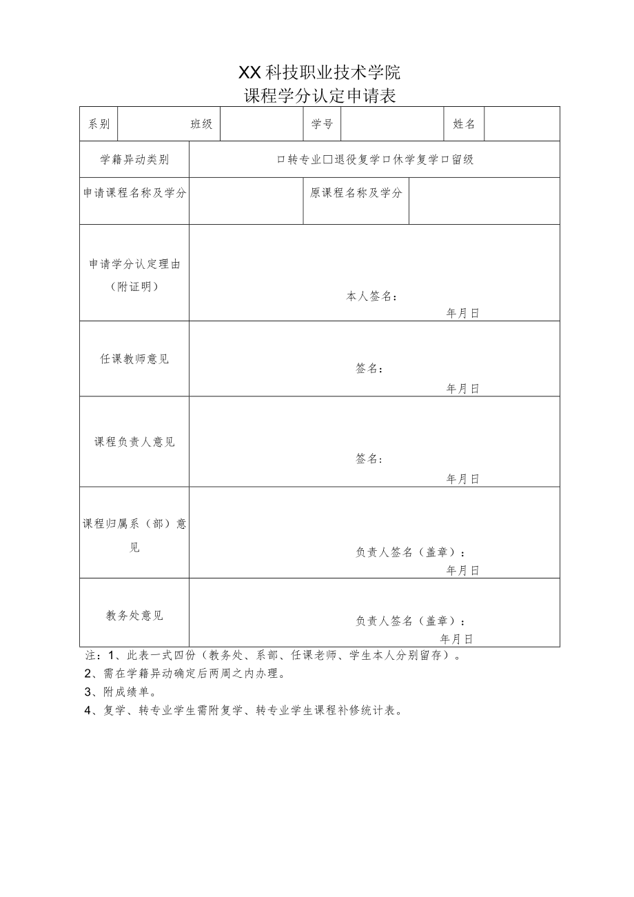 XX科技职业技术学院课程学分认定申请表.docx_第1页