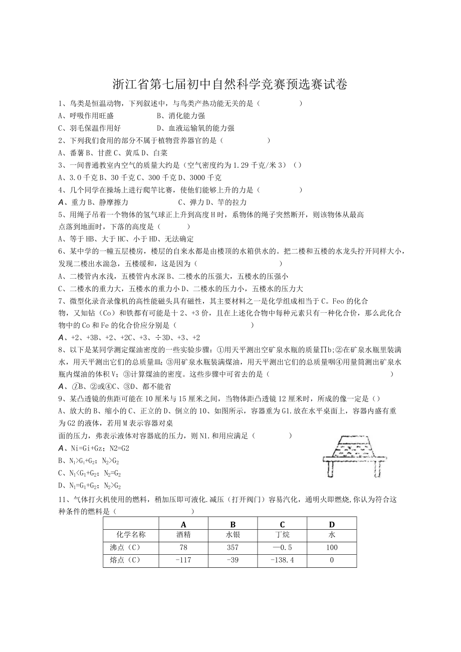 浙江省第七届初中自然科学竞赛预选赛试卷.docx_第1页