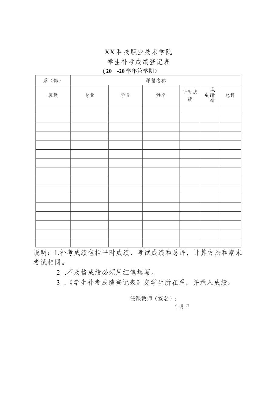 XX科技职业技术学院学生补考成绩登记表（X学年X学期）.docx_第1页