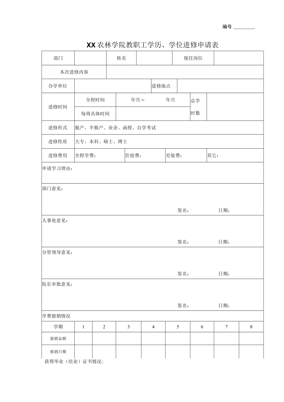 XX农林学院教职工学历、学位进修申请表.docx_第1页