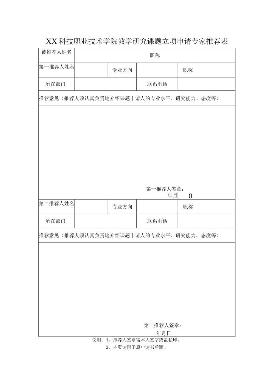 XX科技职业技术学院教学研究课题立项申请专家推荐表.docx_第1页