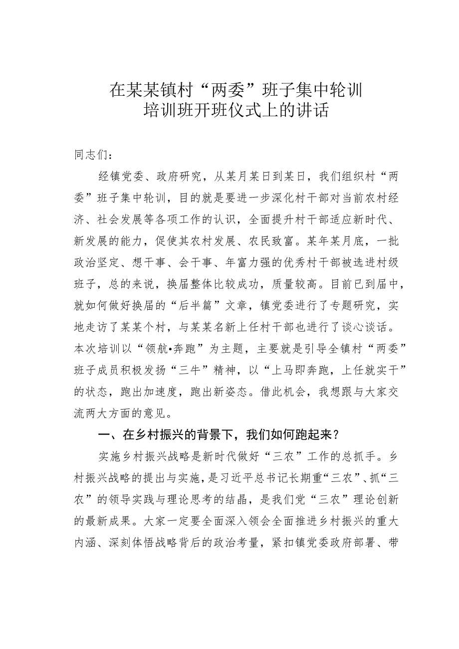 在某某镇村“两委”班子集中轮训培训班开班仪式上的讲话.docx_第1页