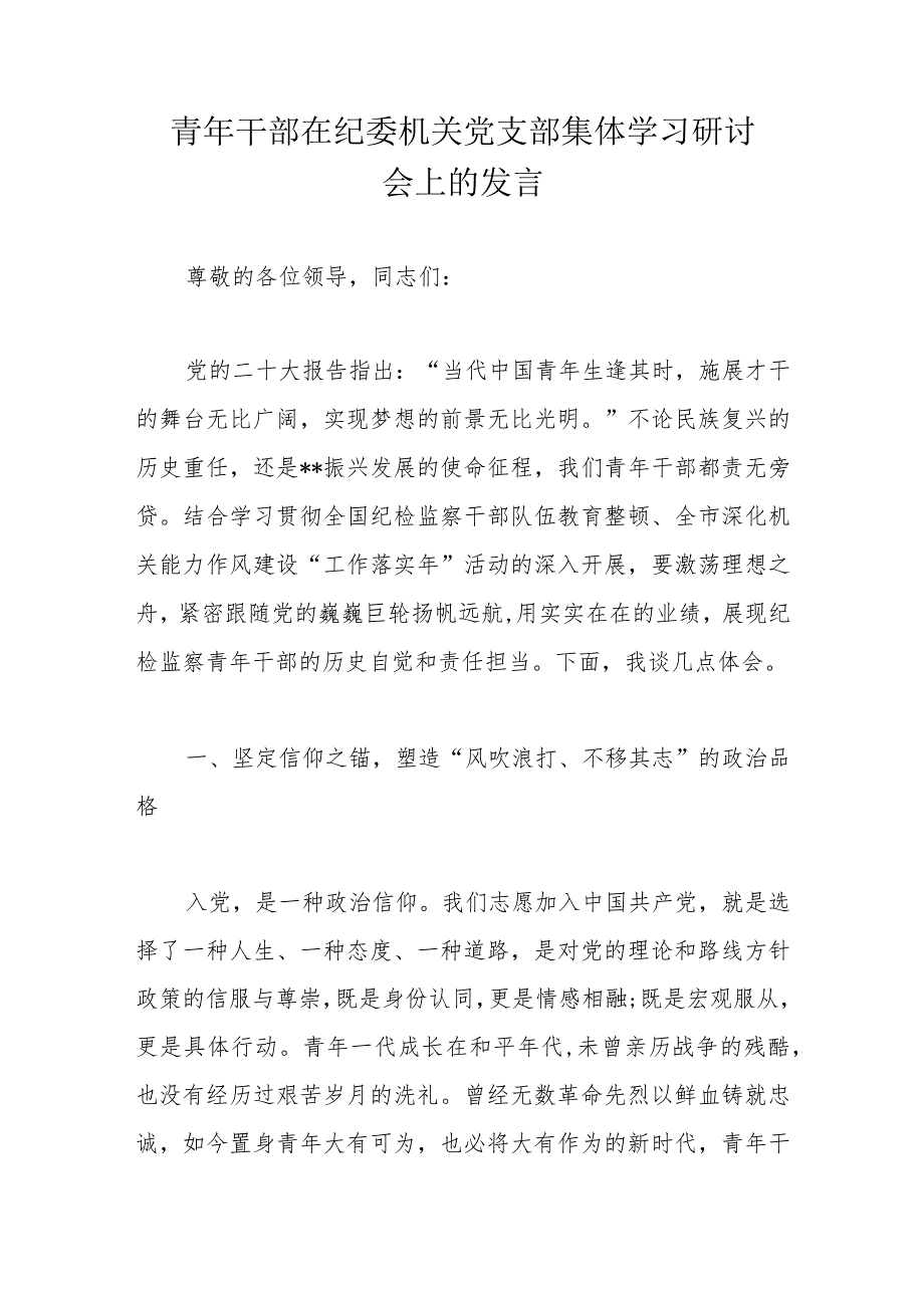 青年干部在纪委机关党支部集体学习研讨会上的发言.docx_第1页