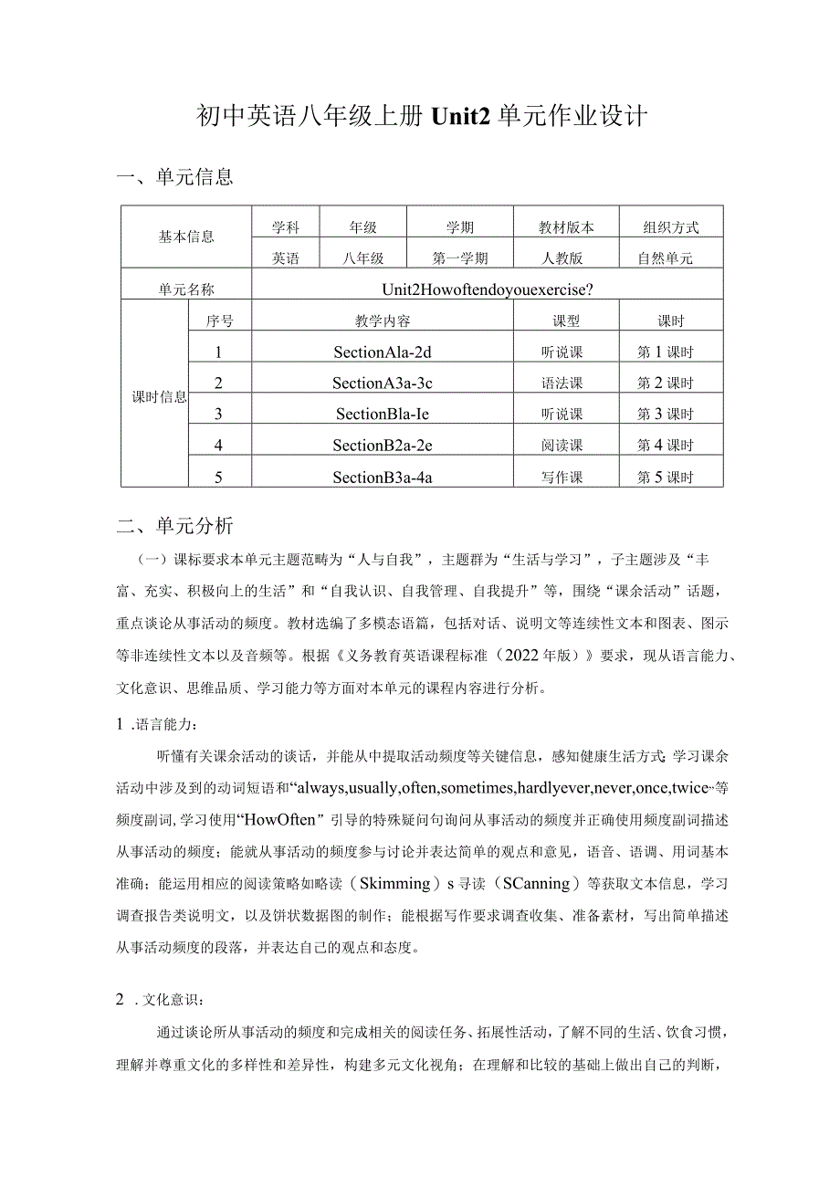 Unit2 How often do you exercise 单元作业设计.docx_第1页