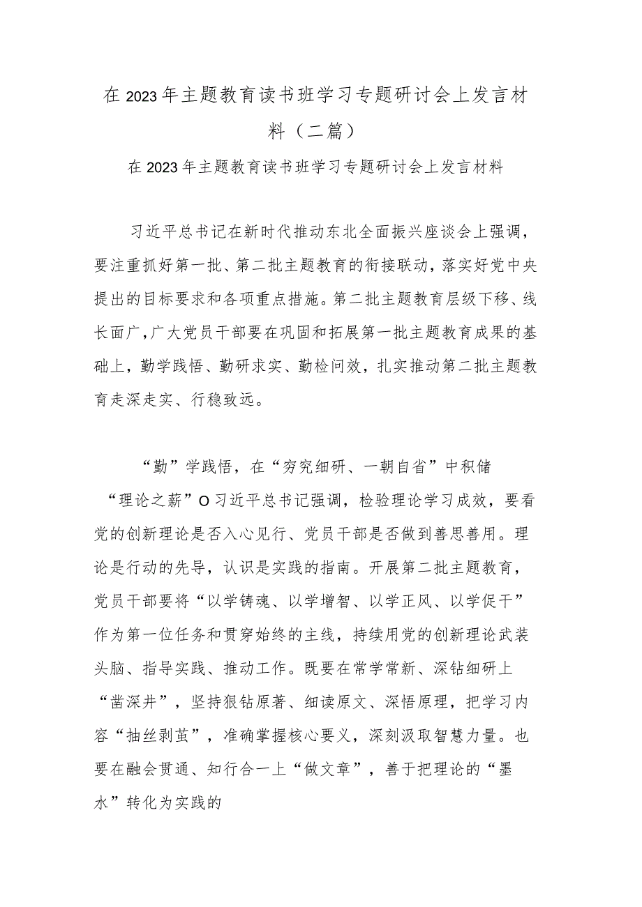 在2023年主题教育读书班学习专题研讨会上发言材料(二篇).docx_第1页